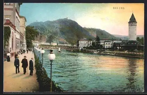 AK Bad Ems, Flusspartie mit Uferpromenade