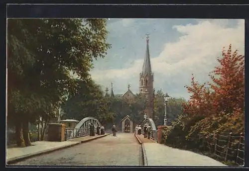 Künstler-AK Bad Neuenahr, Ahrbrücke und evangelische Kirche