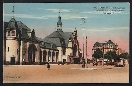 AK Koblenz, Der Bahnhofsplatz, Strassenbahn