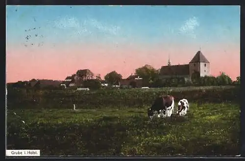 AK Grube i. Holst., Kirche mit weidenden Kühen