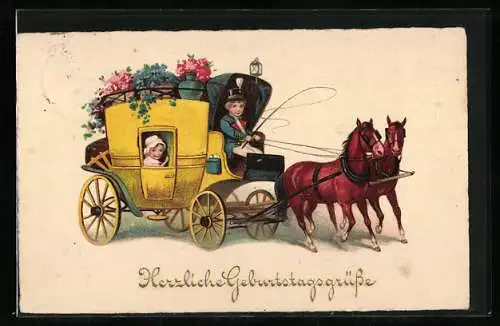 AK Postkutsche mit Blumen, Geburtstagsgruss