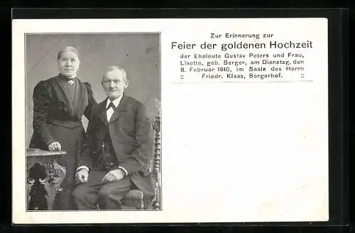 AK Feier der goldenen Hochzeit der Eheleute Gustav Peters und Frau, Lisette, geb. Berger, 1910