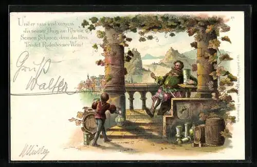 Lithographie Geniesser beim Wein mit Blick über den romantischen Rhein