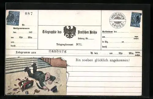 Künstler-AK Telegramm mit Karikatur und Text: Bin soeben glücklich angekommen!