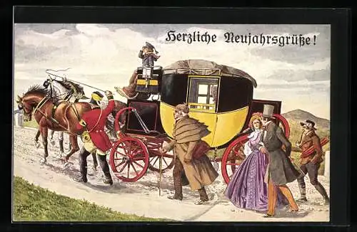 AK Postkutsche mit Bergvorgespann, Neujahrsgruss 1848