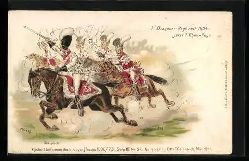 Lithographie Uniformierte Soldaten auf galoppierenden Pferden, 1. Chev.-Regiment