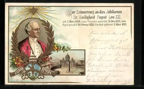 Lithographie Jubilaeum Sr. Heiligkeit Papst Leo XIII., geb. 1810, zum Priester geweiht 1837, zum Papst Gewählt 1878