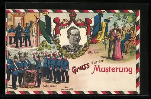 Lithographie Gruss von der Musterung, Kaiser Wilhelm II., Fahneneid und Aushebung