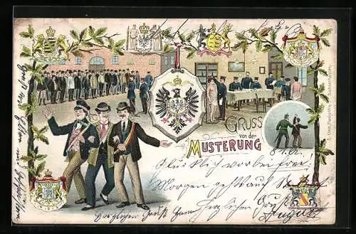 Lithographie Gruss von der Musterung, Wappen deutscher Fürstentümer