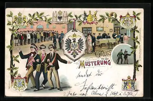 Lithographie Gruss von der Musterung, Wappen deutscher Fürstentümer