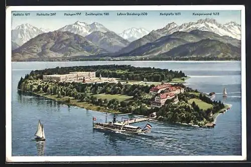 AK Herrenwörth i. Chiemsee, Dampfer vor der Insel, Hochplatte, Kampenwand