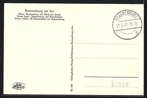 AK Brannenburg am Inn, Teilansicht mit Blick in`s Inntal, Ortspartie mit Wendelstein, St. Margarethen-Kirche