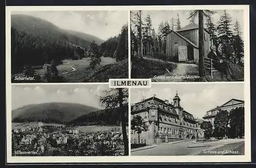 AK Ilmenau, Rathaus und Schloss, Villenviertel, Goethe vor dem Goethehäuschen