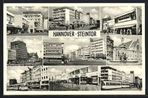 AK Hannover, Strassenpartie mit Geschäften und Strassenbahn, Brunnen, Ortspartie