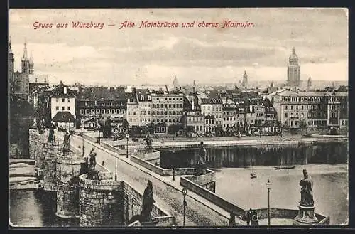 AK Würzburg, Alte Mainbrücke und oberes Mainufer