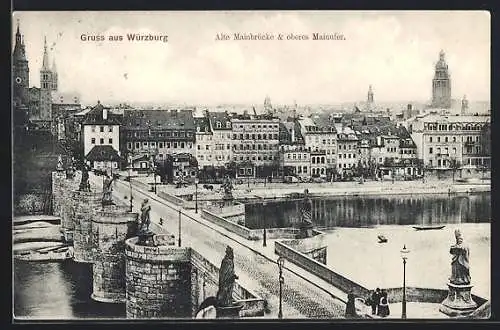 AK Würzburg, Alte Mianbrücke & oberes Mainufer