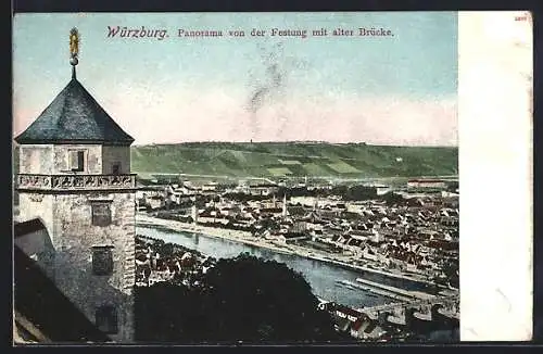 AK Würzburg, Panorama von der Festung mit alter Brücke