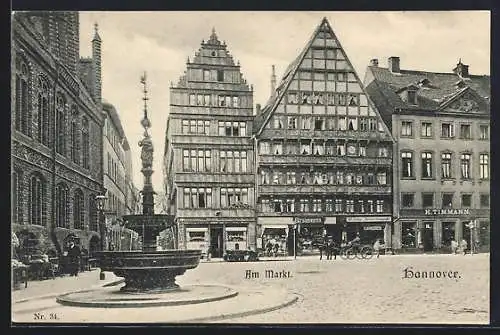 AK Hannover, Am Markt mit Geschäften und Brunnen