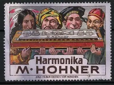 Reklamemarke Harmonika von M. Hohner, Japaner, Indianer und Matrose halten eine Mundharmonika