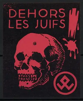 Reklamemarke Judaika, Dehors Les Juifs, De Joden Buiten, menschlicher Schädel