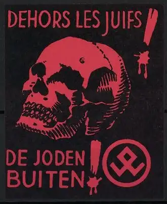 Reklamemarke Judaika, Dehors Les Juifs, De Joden Buiten, menschlicher Schädel