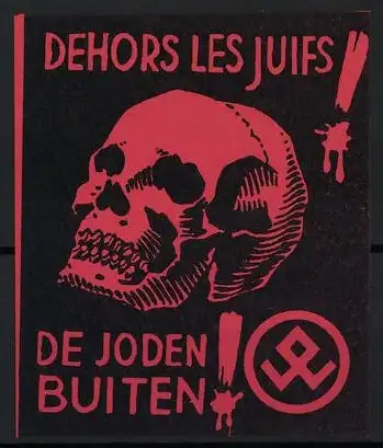 Reklamemarke Judaika, Dehors Les Juifs, De Joden Buiten, menschlicher Schädel