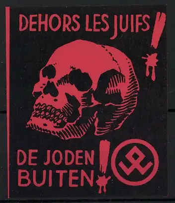 Reklamemarke Judaika, Dehors Les Juifs, De Joden Buiten, menschlicher Schädel