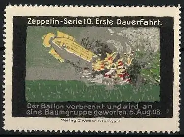 Reklamemarke Zeppelin, Serie:Erste Dauerfahrt, der Ballon verbrennt und wird an eine Baumgruppe geworfen, 5. August 1908