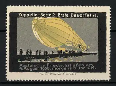 Reklamemarke Friedrichshafen, Zeppelin-Ausfahrt am 4. August 1908, Serie: Erste Dauerfahrt