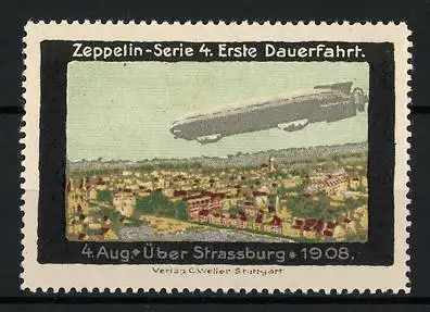 Reklamemarke Strassburg, Zeppelin über der Stadt am 4. August 1908, Serie: Erste Dauerfahrt