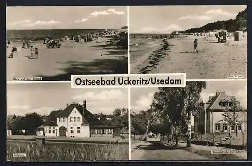 AK Ückeritz /Usedom, Bahnhof, Strandstrasse mit Schule, Blick auf den Strand