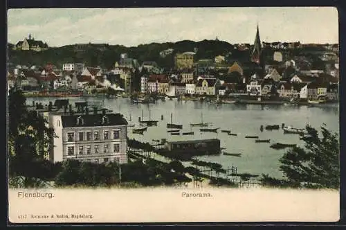 AK Flensburg, Panorama mit Kirche