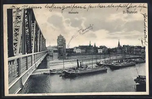 AK Duisburg-Ruhrort, Ansicht Rheinseite mit Brücke