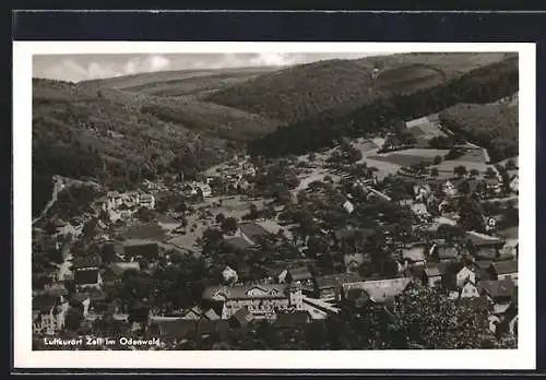 AK Zell im Odenwald, Gasthaus-Pension Zur Krone, Bes. Georg Klein, Ortsansicht aus der Vogelschau