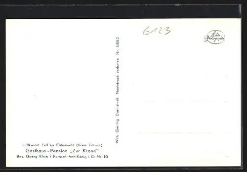 AK Zell im Odenwald, Gasthaus-Pension Zur Krone, Bes. Georg Klein, Ortsansicht aus der Vogelschau