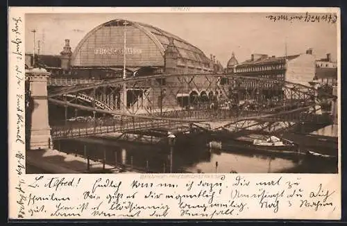 AK Berlin, Bahnhof Friedrichstrasse vom anderen Spreeufer gesehen