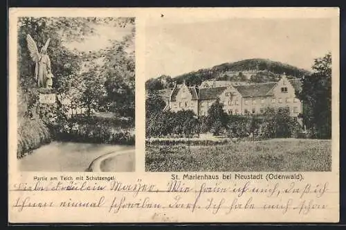 AK Neustadt /Odenwald, St. Marienhaus, Partie am Teich mit Schutzengel