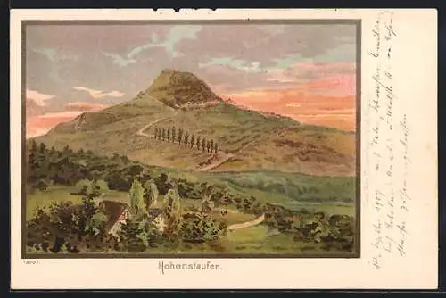 Künstler-AK Hohenstaufen, Berg bei Sonnenuntergang