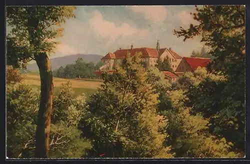 Künstler-AK Schliengen, Blick auf Schloss Bürgeln vom Wald aus