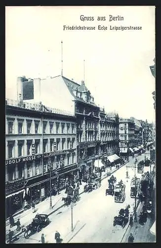 AK Berlin, Friedrichstrasse Ecke Leipzigerstrasse, Busse, Pferdefuhrwerke