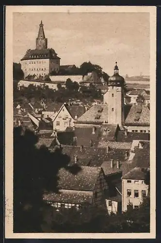 AK Weida / Thür., Blick vom Tyllberg auf die Neustadt mit Rathaus und Osterburg