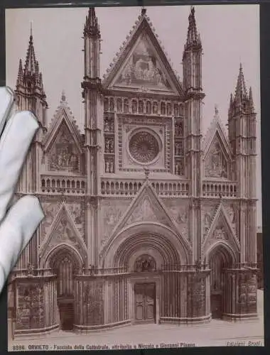 Fotografie Brogi, Firenze, Ansicht Orvieto, Facciata della Cattedrale, attribuita a Niccola e Giovanni Pisano, 19 x 25cm