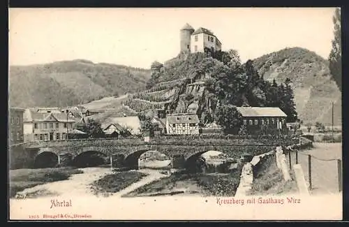 AK Kreuzberg / Ahrtal, Gasthaus Wirz mit Brücke und Burg