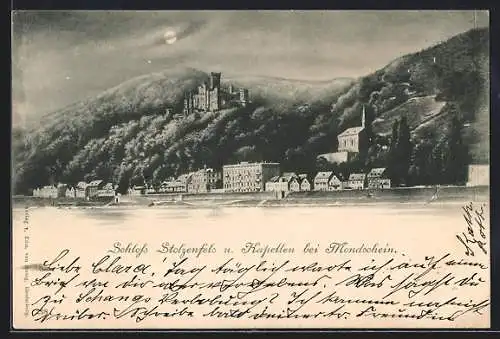 AK Kapellen / Koblenz, Schloss Stolzenfels bei Mondschein