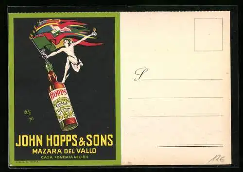 Künstler-AK sign.Bazzi: Mazara del Vallo, John Hopps & Sons, Flaggen in der Flasche, Reklame