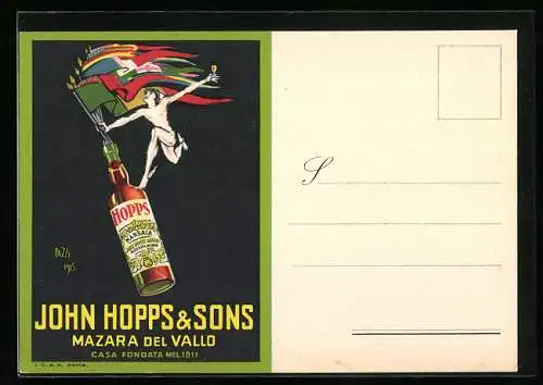 Künstler-AK sign.Bazzi: Mazara del Vallo, John Hopps & Sons, Flaggen in der Flasche, Reklame