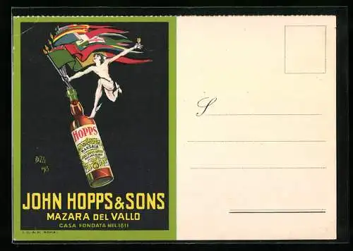 Künstler-AK sign.Bazzi: Mazara del Vallo, John Hopps & Sons, Flaggen in der Flasche, Reklame