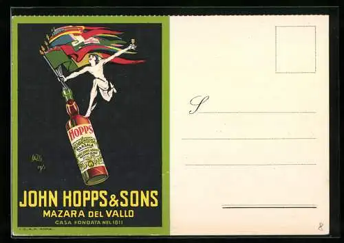 Künstler-AK sign.Bazzi: Mazara del Vallo, John Hopps & Sons, Flaggen in der Flasche, Reklame