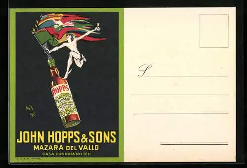 Künstler-AK sign.Bazzi: Mazara del Vallo, John Hopps & Sons, Flaggen in der Flasche, Reklame