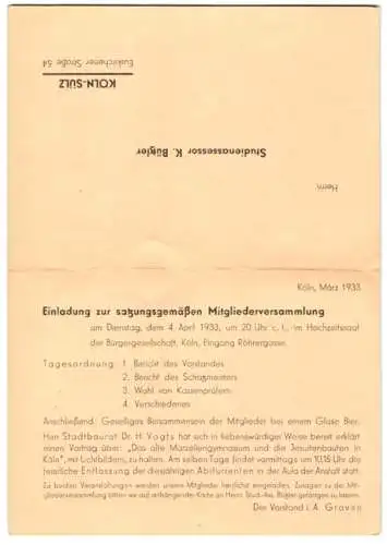 Klapp-AK Köln-Sülz, Einladung zur Mitgliederversammlung ehem. Schüler, 1933, Bursa Tricoronata, Euskirchener Strasse 54